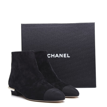 Chanel Suede Calfskin Pearl Cap Toe Short Boots 41 Black 10 of 10