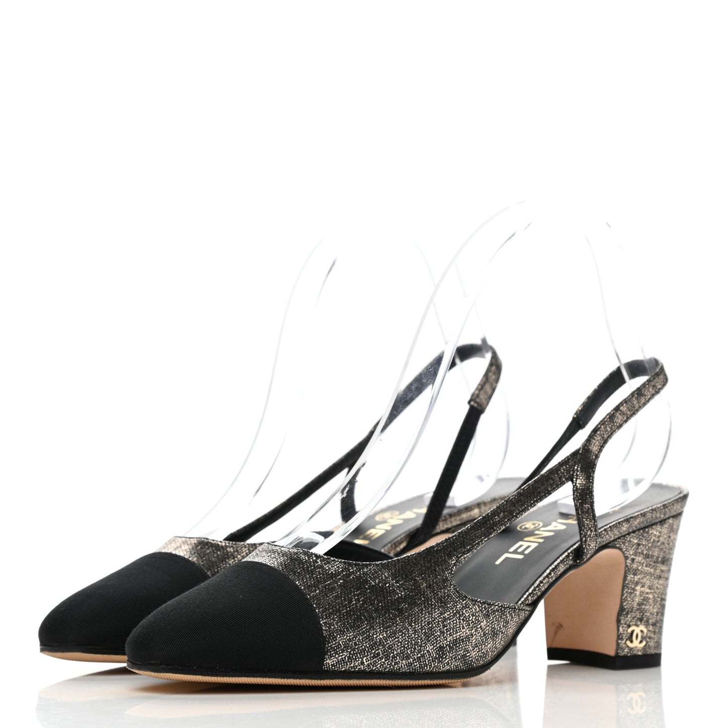 Metallic Lambskin Grosgrain Cap Toe CC Slingback Sandals 38.5 Black Gold