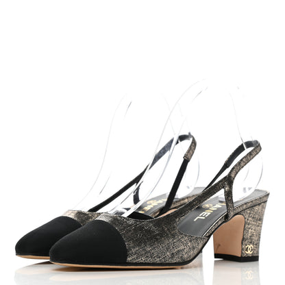 Chanel Metallic Lambskin Grosgrain Cap Toe CC Slingback Sandals 38.5 Black Gold 3 of 9