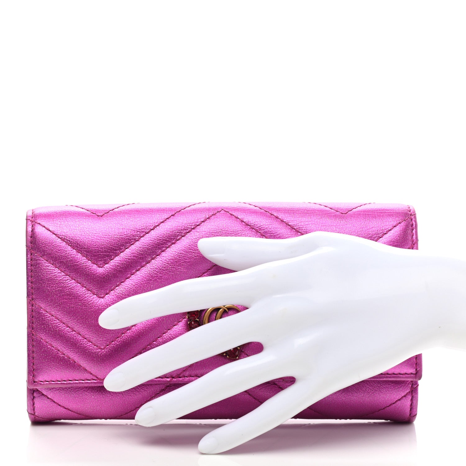 Gucci Metallic Calfskin Matelasse Crystal GG Marmont Continental Wallet Fuchsia 2 of 11
