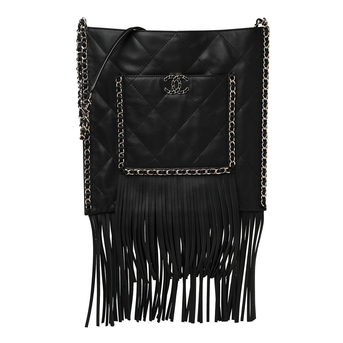 Calfskin Quilted Fringe Shopping Bag Black