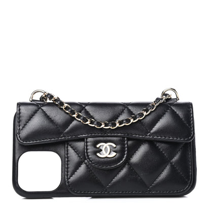 Chanel Lambskin Quilted iPhone XII Holder With Chain Black 1 of 4