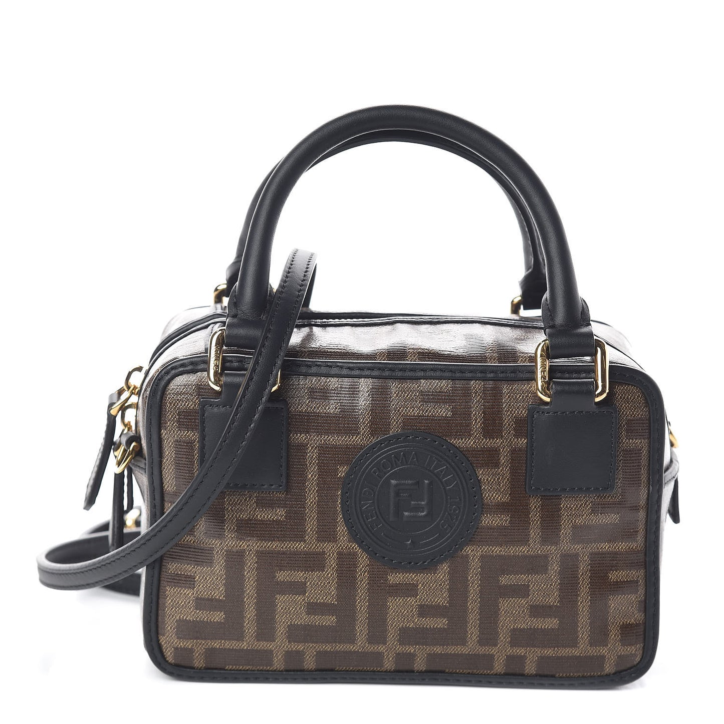 Glazed Fabric Vitello Century FF 1974 Stamp Patch Mini Boston Box Bag Mogano Panna Black