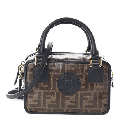 Fendi Glazed Fabric Vitello Century FF 1974 Stamp Patch Mini Boston Box Bag Mogano Panna Black 1 of 10