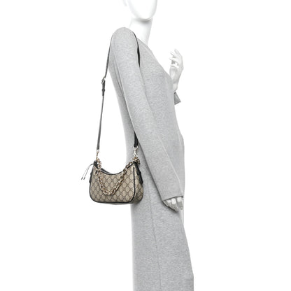 Gucci GG Supreme Monogram Textured Calfskin Small Emblem Shoulder Bag Beige Black 2 of 9