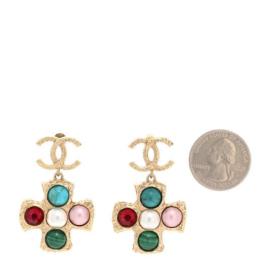 Textured Metal Stone Pearl CC Cross Drop Earrings Gold Multicolor
