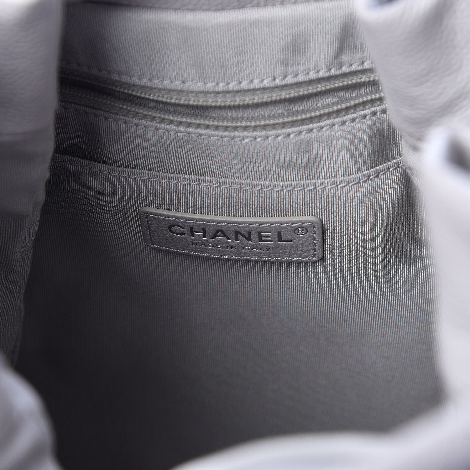 Chanel Grained Calfskin Quilted Medium CC Chain Bucket Drawstring Bag Light Grey 6 of 10