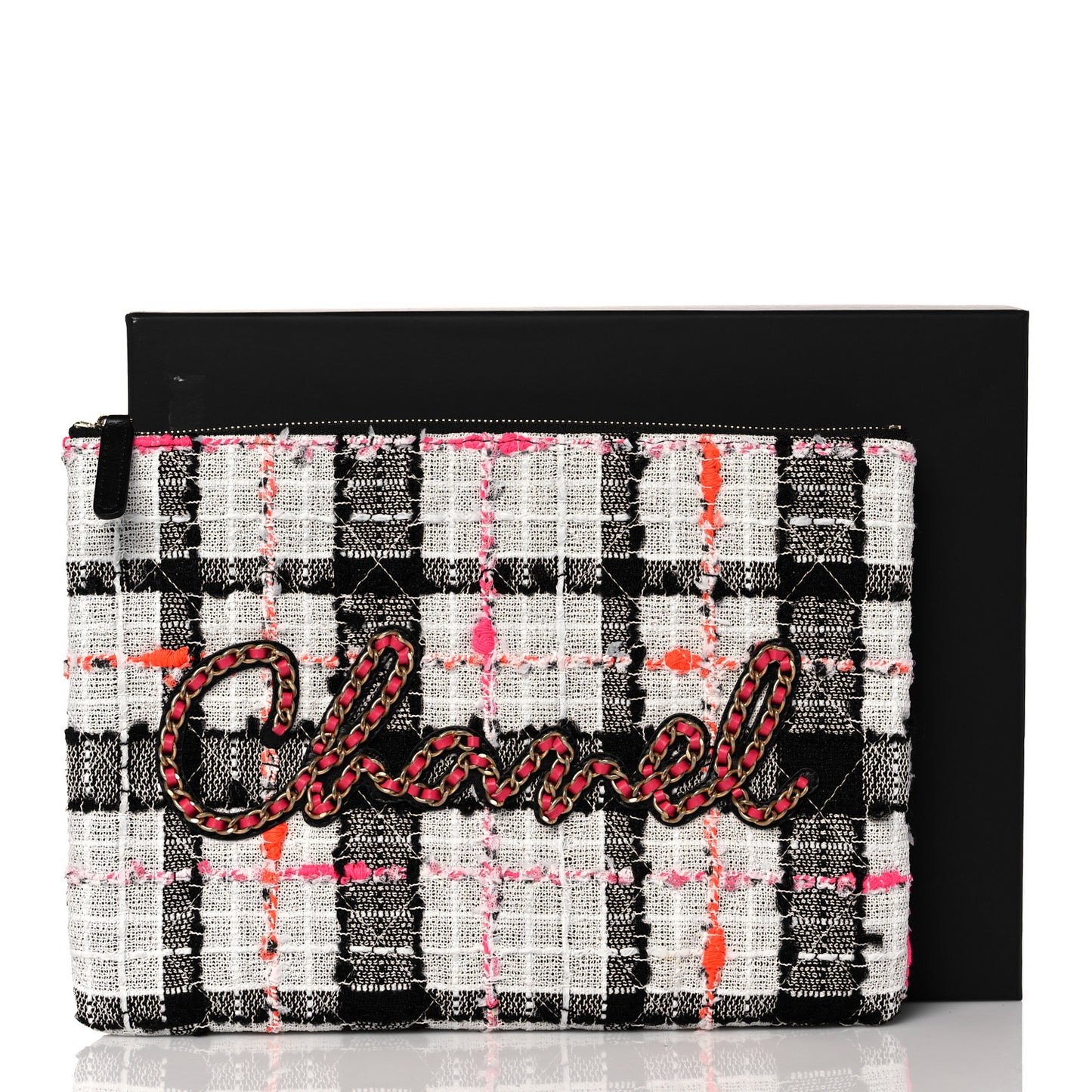 Tweed Calfskin Signe Pouch Black Pink Orange