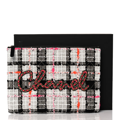 Chanel Tweed Calfskin Signe Pouch Black Pink Orange 10 of 10