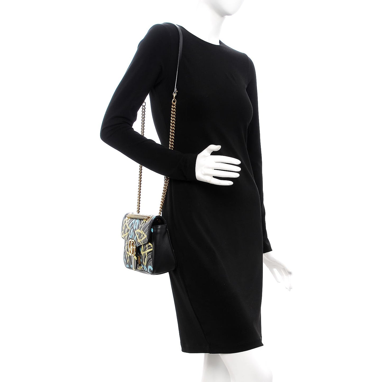 Calfskin Matelasse GucciGhost Small GG Marmont Shoulder Bag Black New Acquamarine