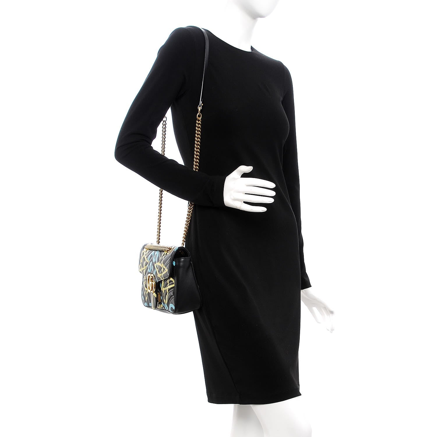 Gucci Calfskin Matelasse GucciGhost Small GG Marmont Shoulder Bag Black New Acquamarine 2 of 8