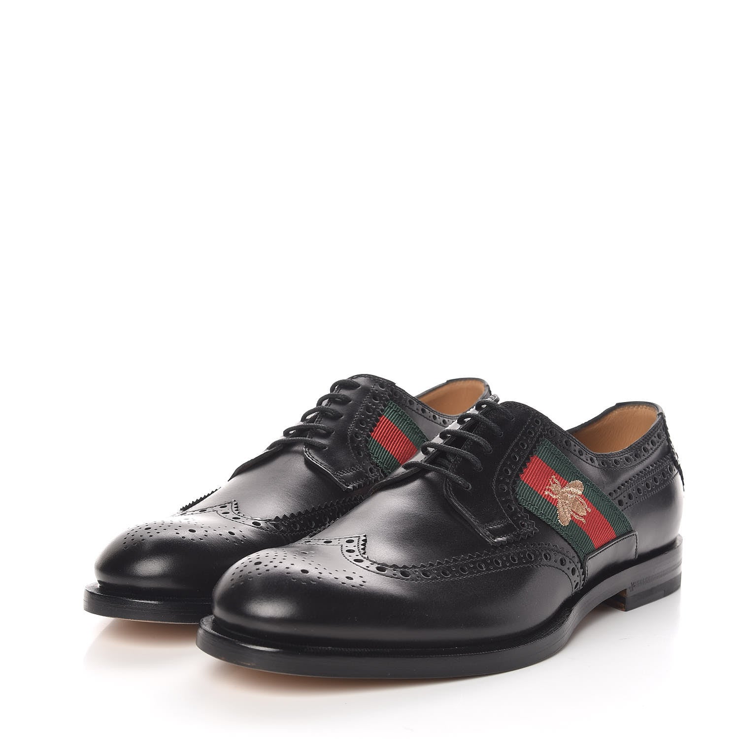 Gucci Calfskin Web Bee Embroidered Mens Wingtip Derby Loafers 7.5 Black 3 of 11