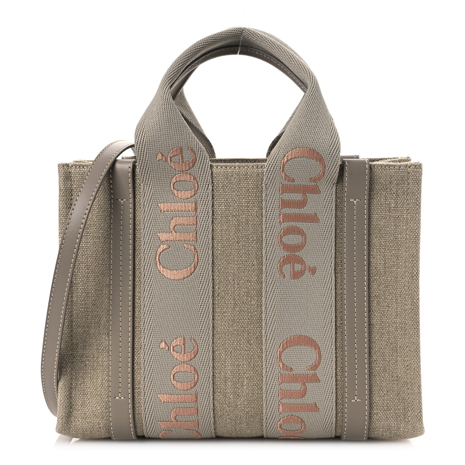 Chloe Cotton Calfskin Small Woody Ribbon Tote With Strap  Beige Taupe 1 of 12