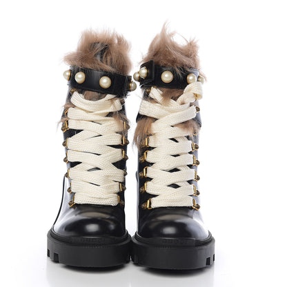 Gucci Magnum Calfskin Fur Pearl Lace Up Combat Ankle Boots 36 Black Naturale 2 of 6