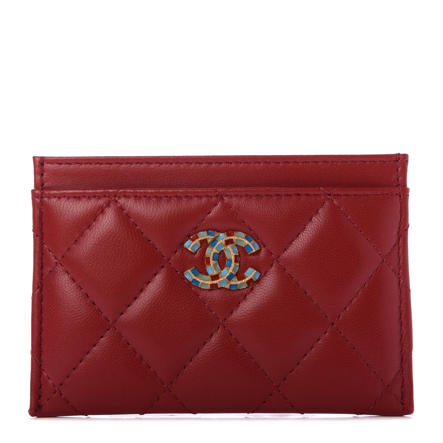 Lambskin Quilted Card Holder Red Multicolor