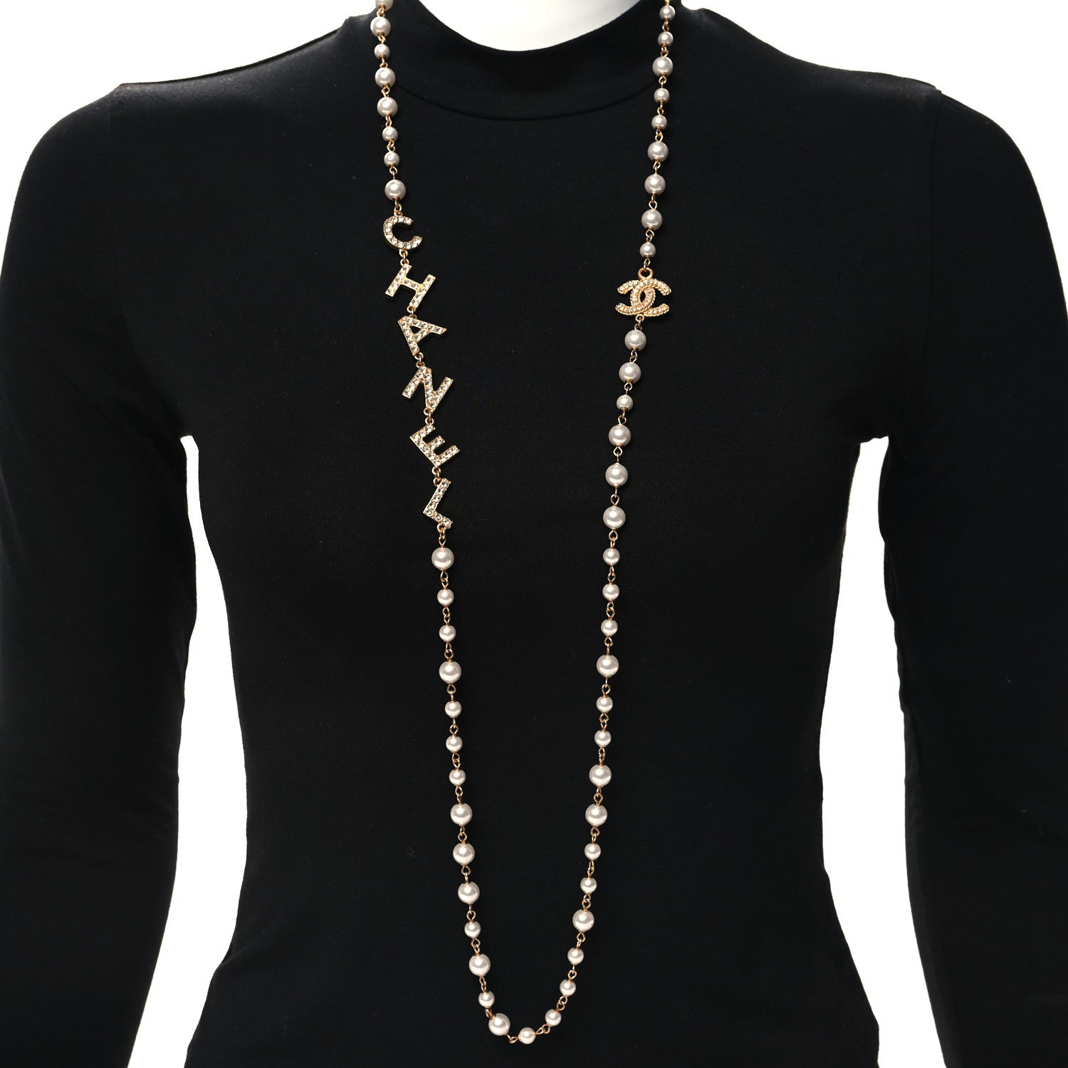 Chanel Pearl Crystal Long CC Logo Necklace Gold White 2 of 4