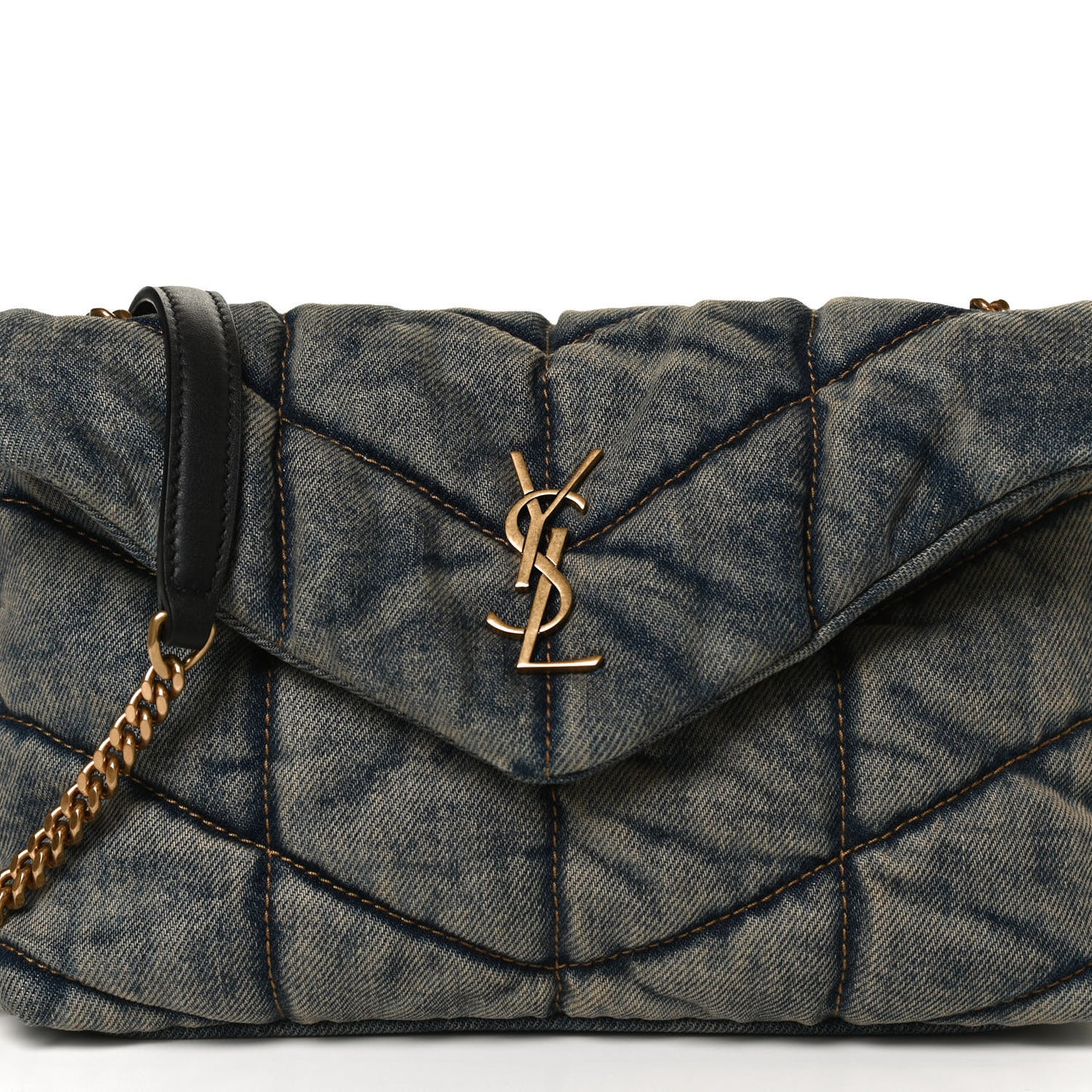 Denim Quilted Toy Loulou Puffer Monogram Chain Satchel Blue Black
