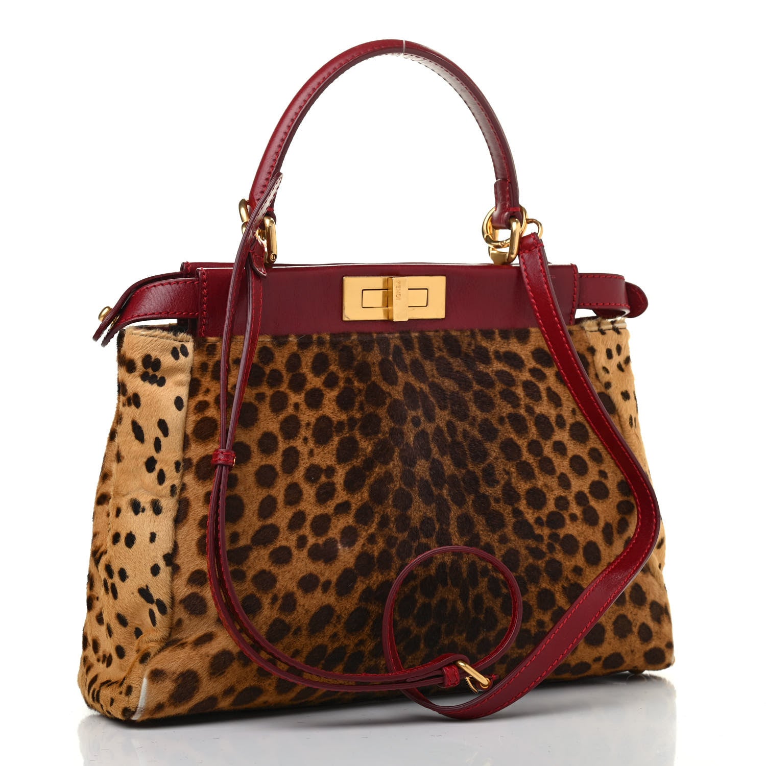 Fendi Calf Hair Leopard Print Medium Peekaboo Iconic Satchel Rosso Cilegia 2 of 4