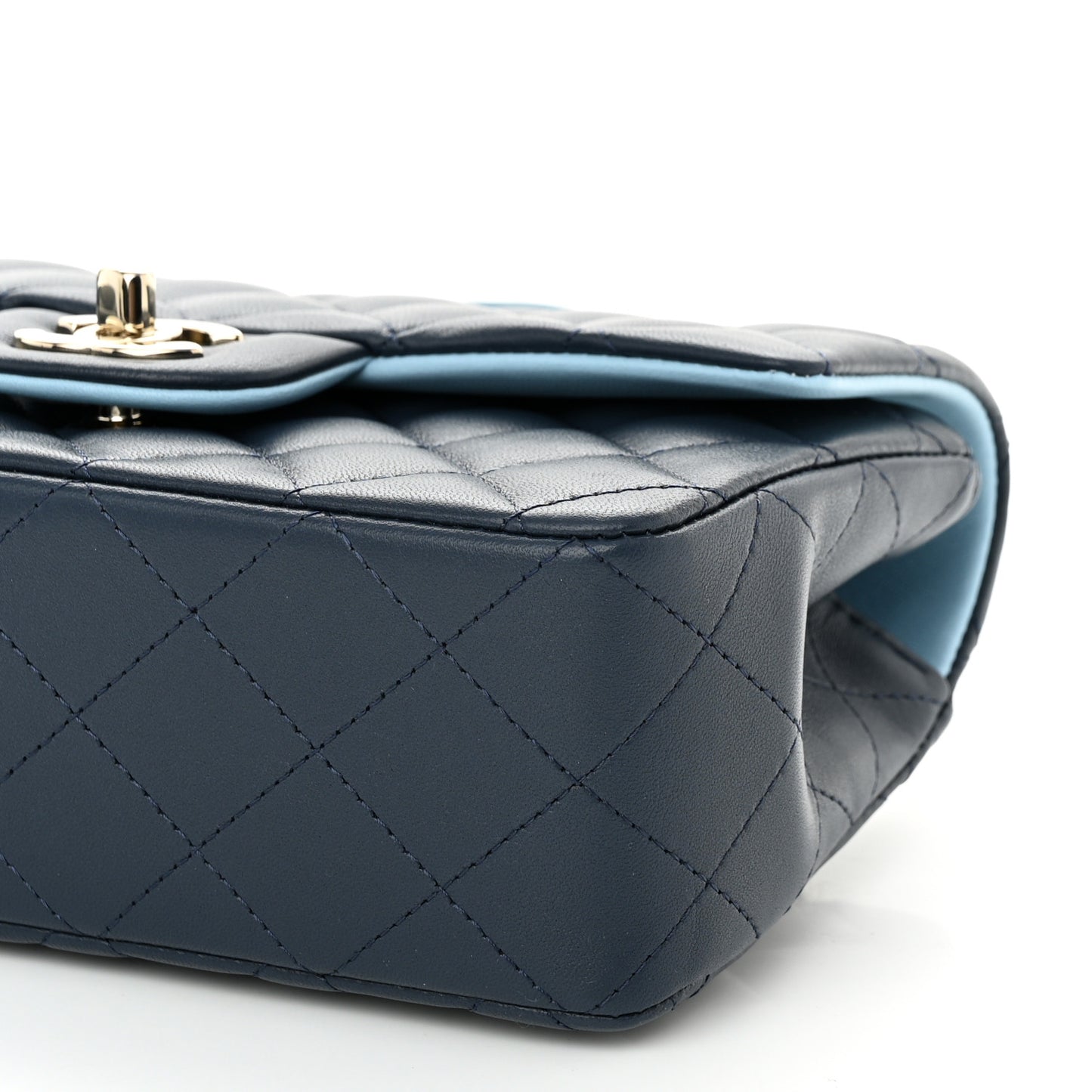 Lambskin Quilted Bi-Color Mini Top Handle Rectangular Flap Navy Blue Light Blue