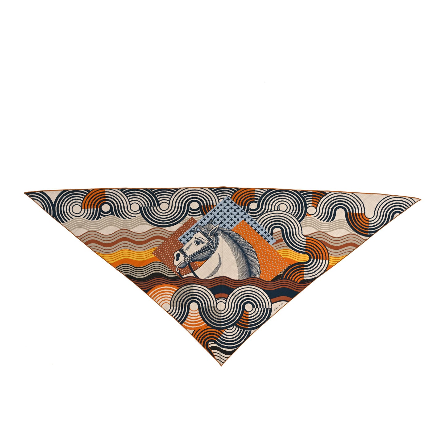 Cashmere Silk Cheval Vague Giant Pointe Triangle Scarf Caramel Bleu Naturel