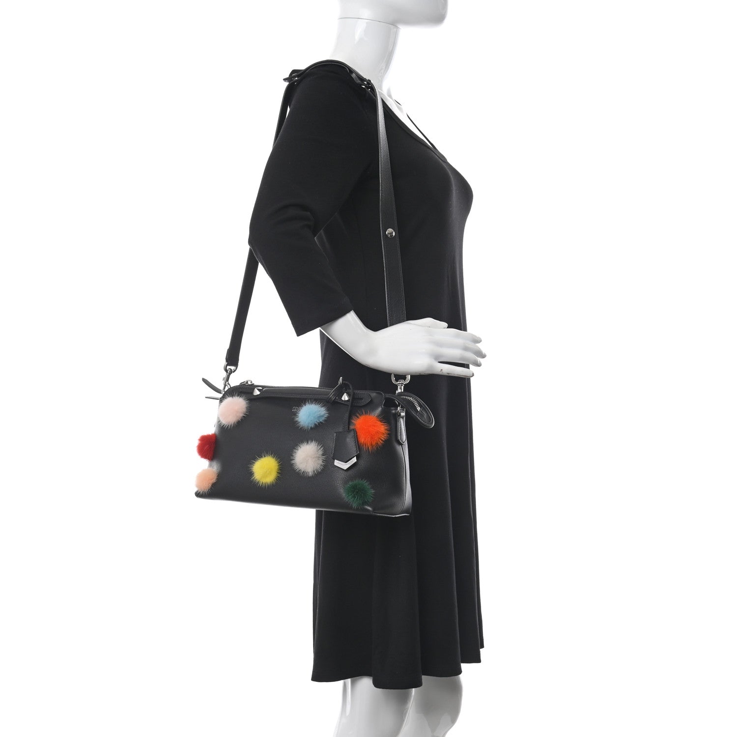 Fendi Vitello Dolce Mink Fur Pom Pom Medium By The Way Boston Bag Black Multicolor 2 of 10