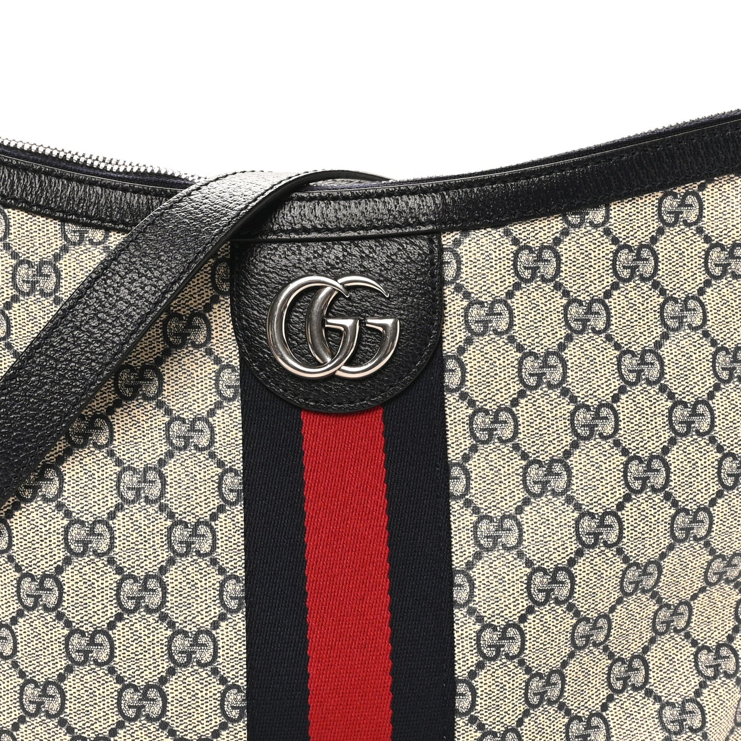 GG Supreme Monogram Textured Dollar Calfskin Web Small Ophidia Half Moon Hobo Beige Blue
