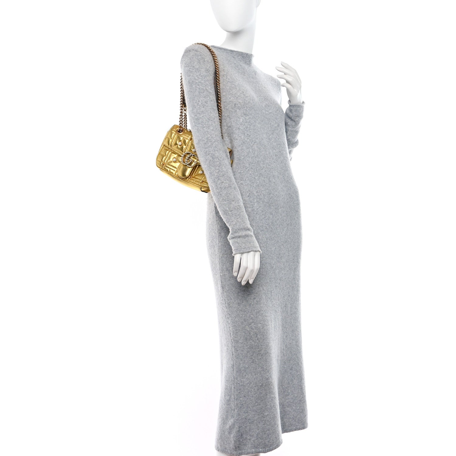 Gucci Metallic Calfskin Matelasse Studded Mini Pearly GG Marmont Shoulder Bag Gold 2 of 9
