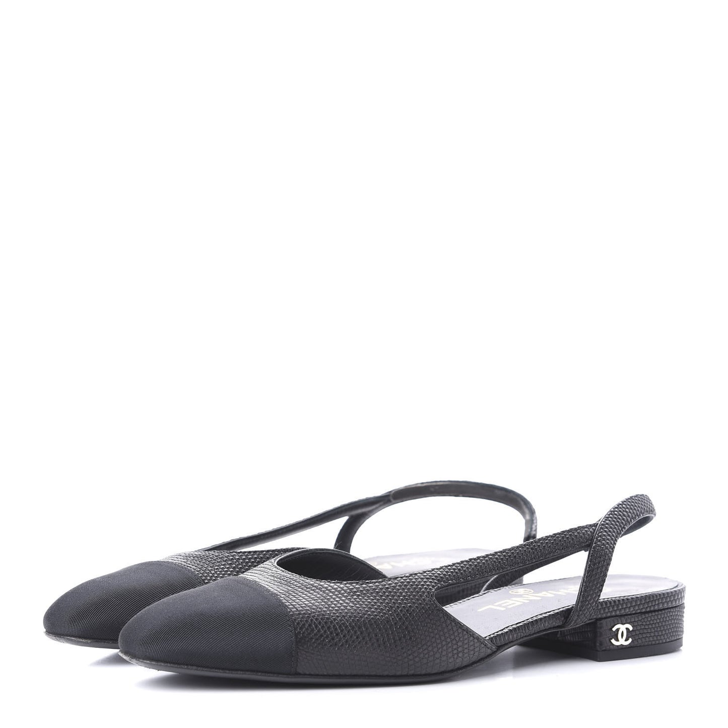 Lizard Grosgrain Cap Toe CC Slingback Sandals 36 Black