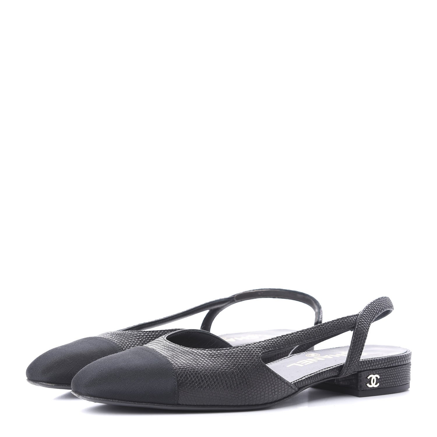Chanel Lizard Grosgrain Cap Toe CC Slingback Sandals 36 Black 3 of 10