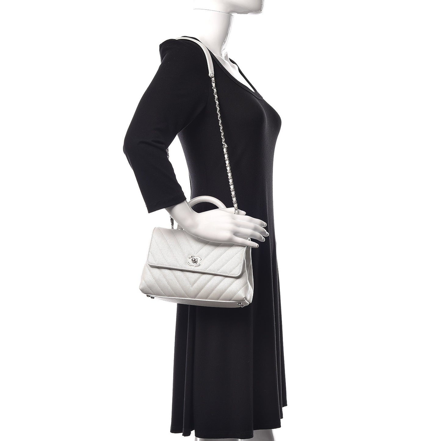 Iridescent Caviar Chevron Quilted Mini Coco Handle Flap White