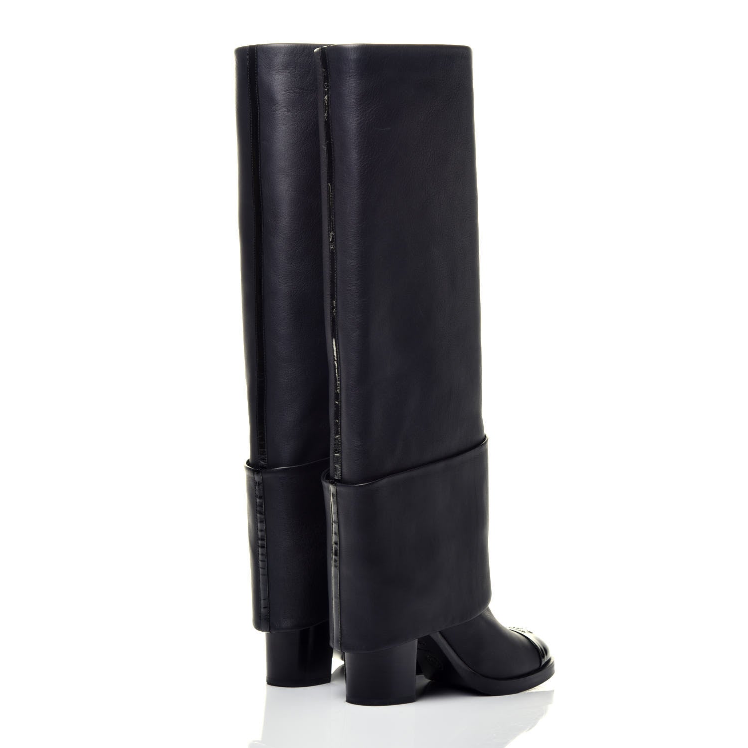 Chanel Calfskin Patent Calfskin CC Cap Toe Fold Over High Boots