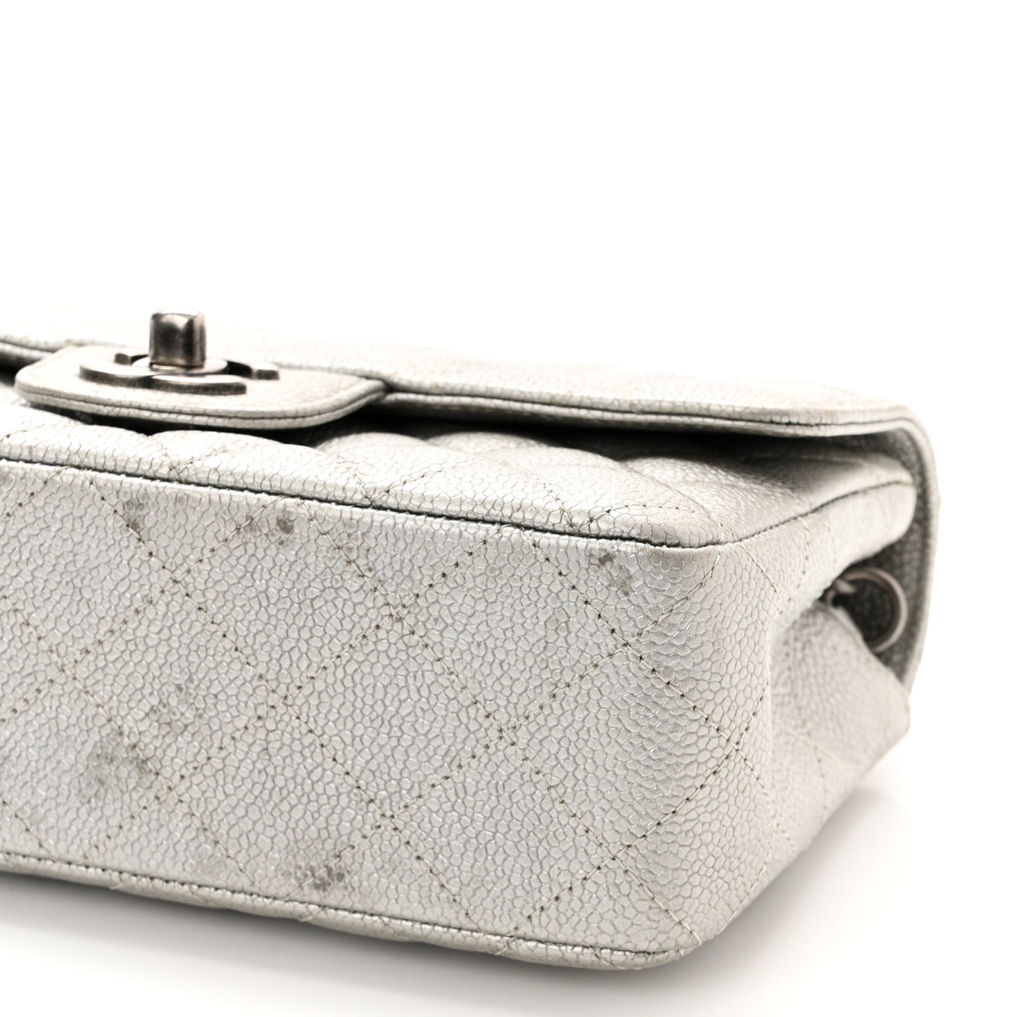 Metallic Caviar Quilted Mini Rectangular Flap Silver