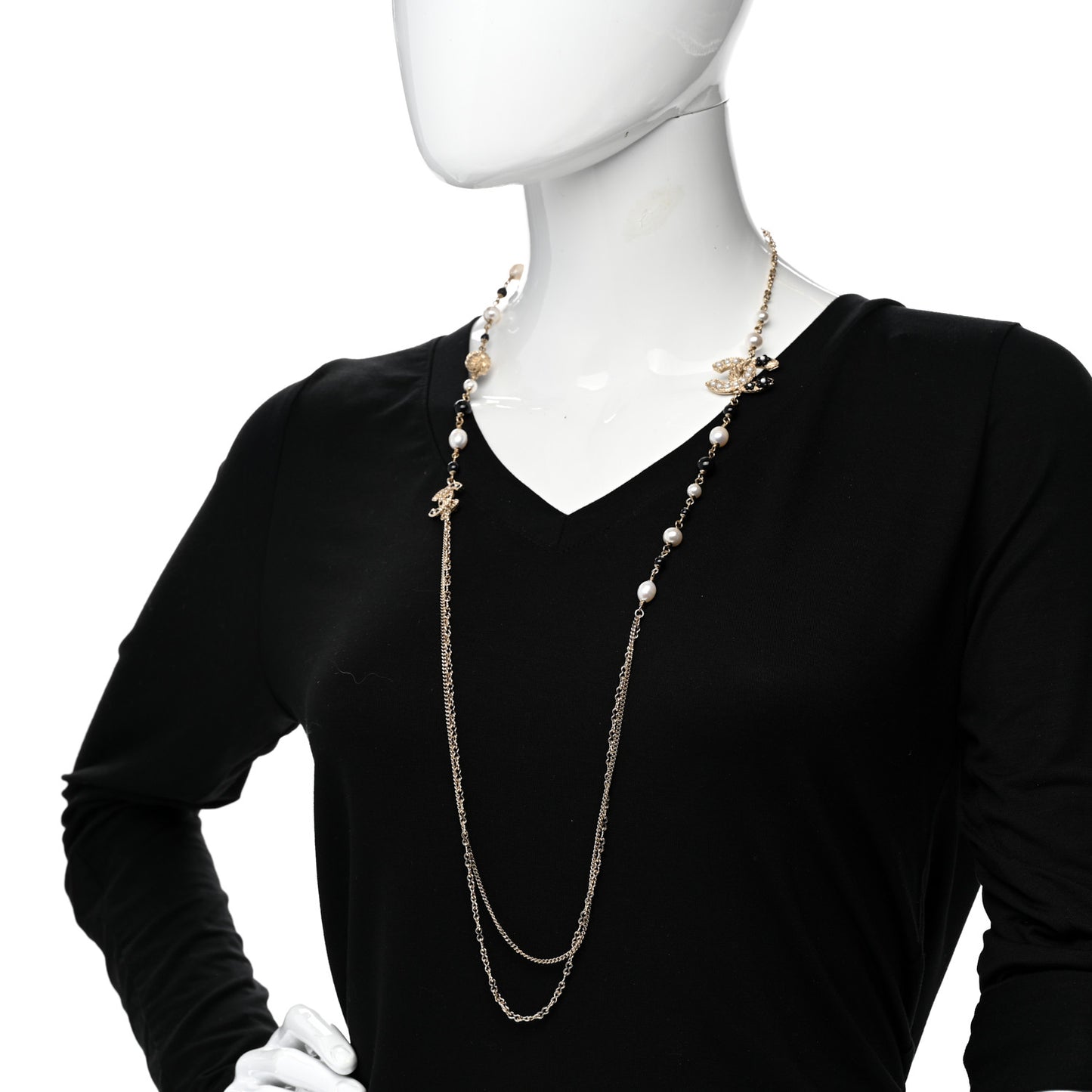 Pearl Glass Beaded CC Flower Long Necklace Gold White Black