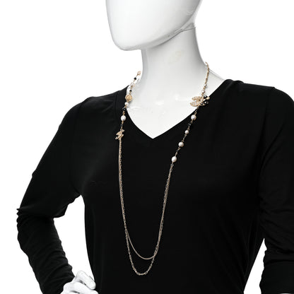 Chanel Pearl Glass Beaded CC Flower Long Necklace Gold White Black 2 of 6