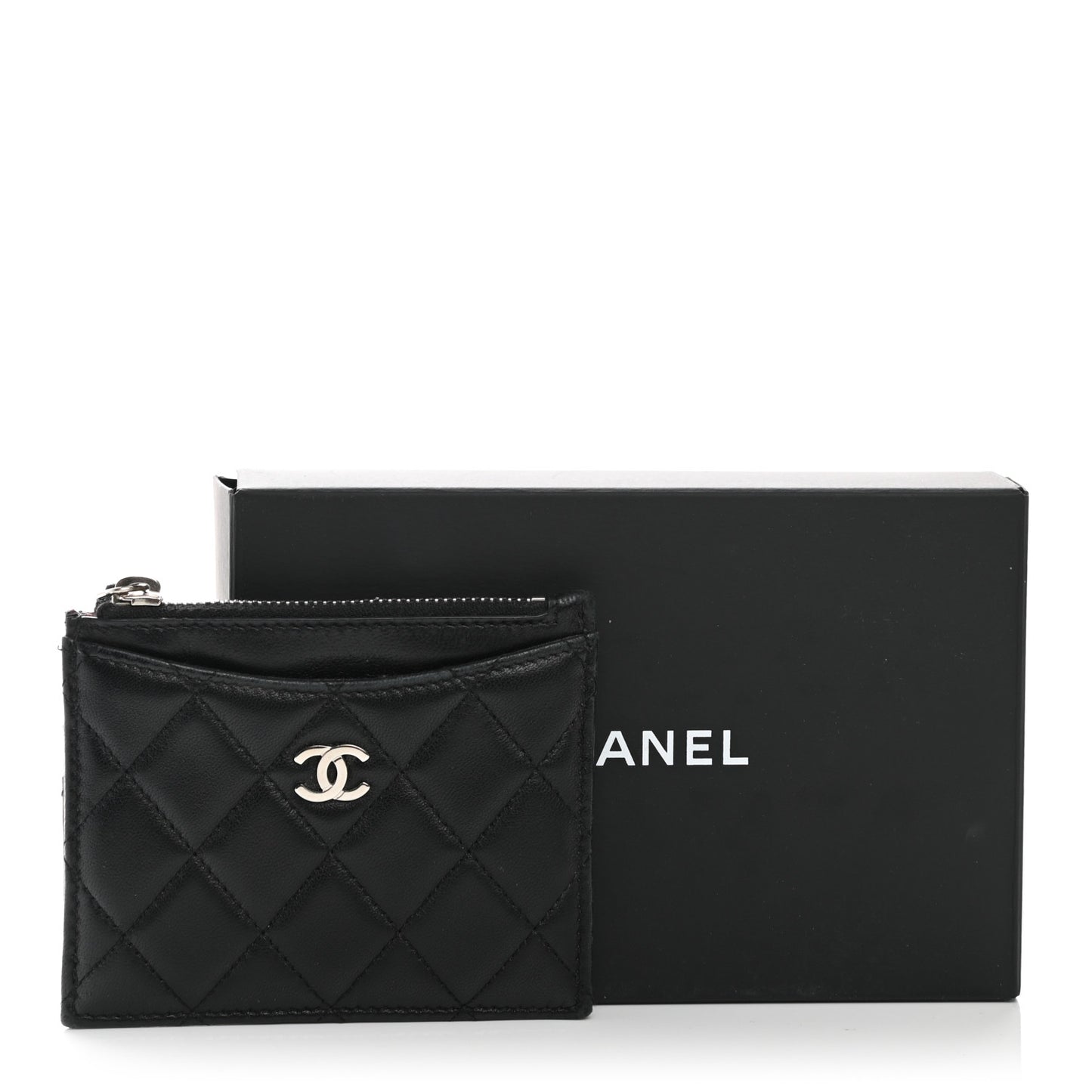 Lambskin Quilted CC Zip Card Holder Black