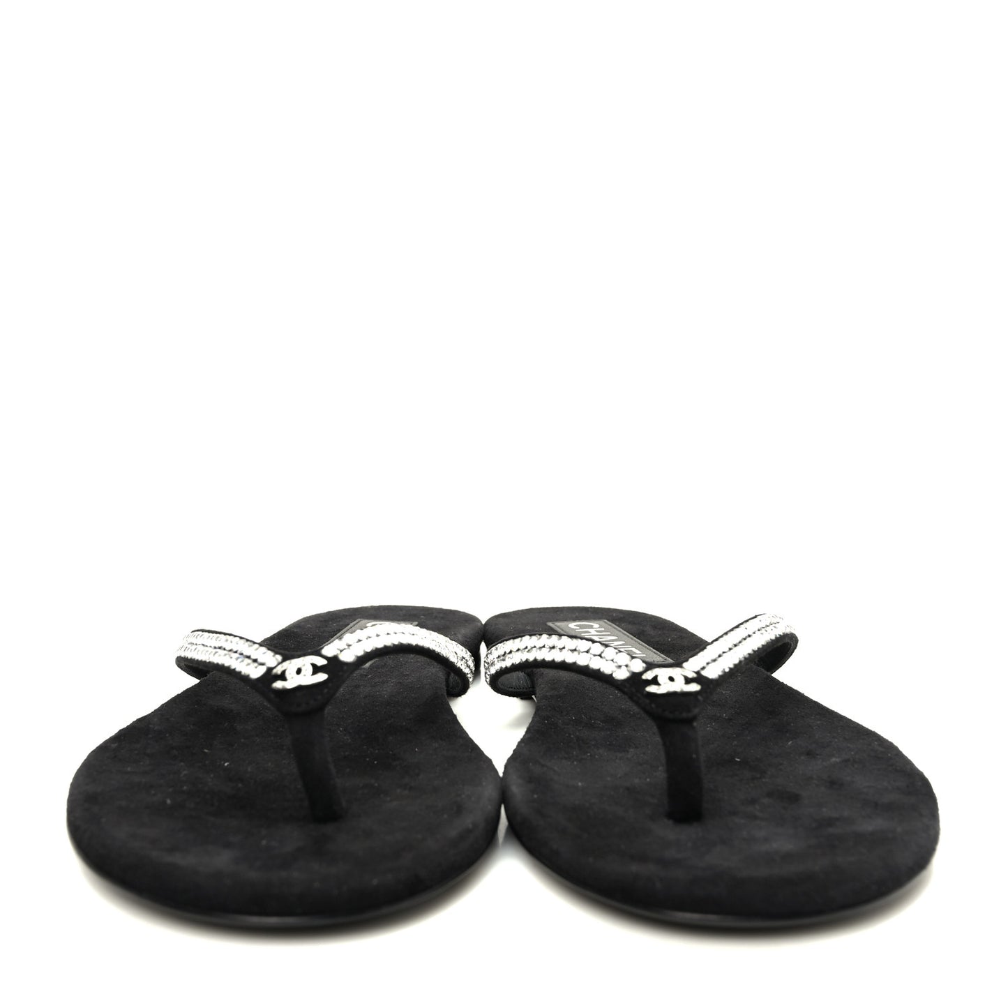 Suede Kidskin Strass CC Thong Sandals 38.5 Black
