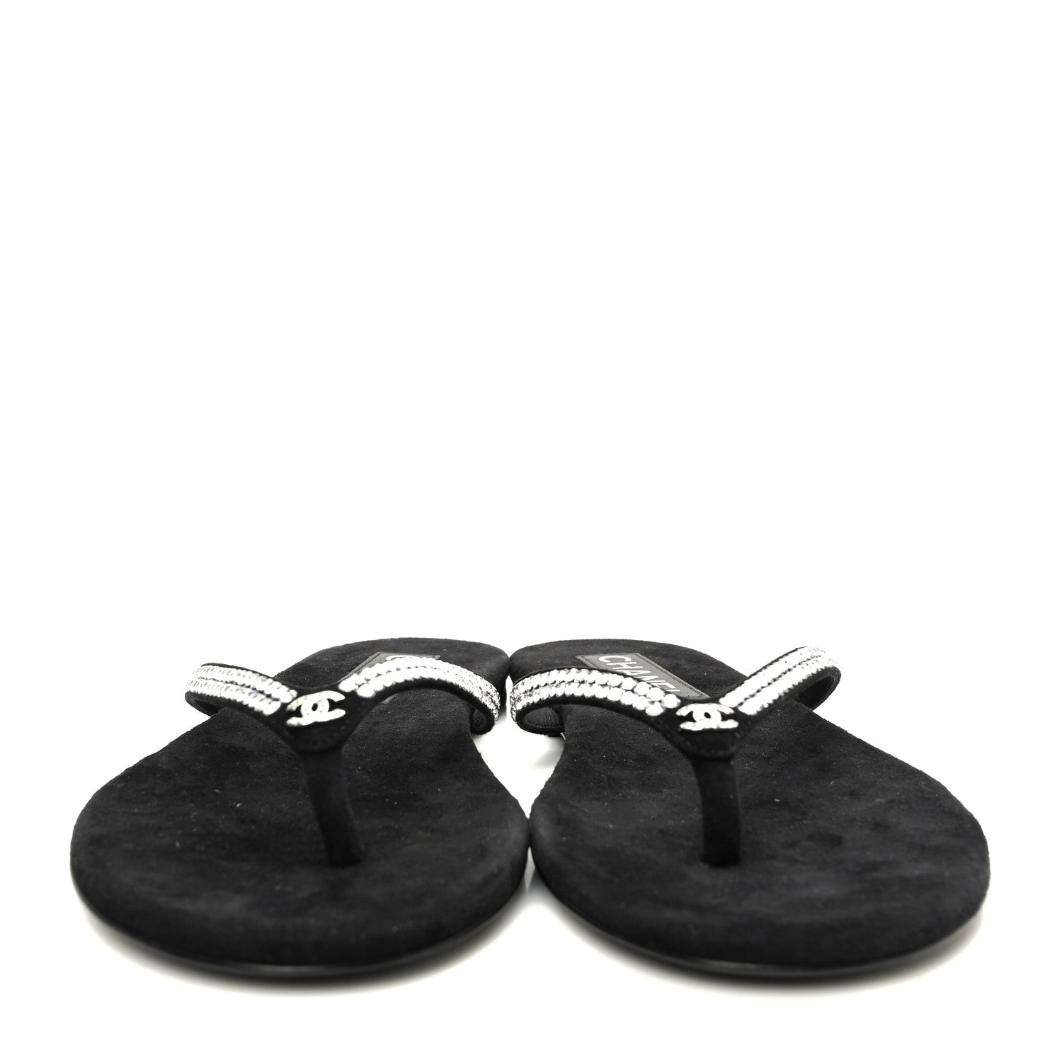 Chanel Suede Kidskin Strass CC Thong Sandals 38.5 Black 2 of 8
