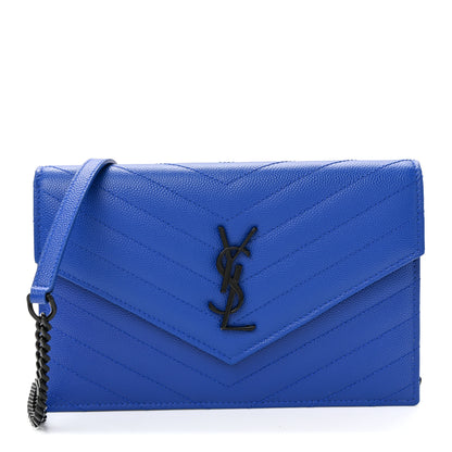 Saint Laurent Grain De Poudre Matelasse Chevron Monogram Envelope Chain Wallet Blue Majorelle 1 of 11