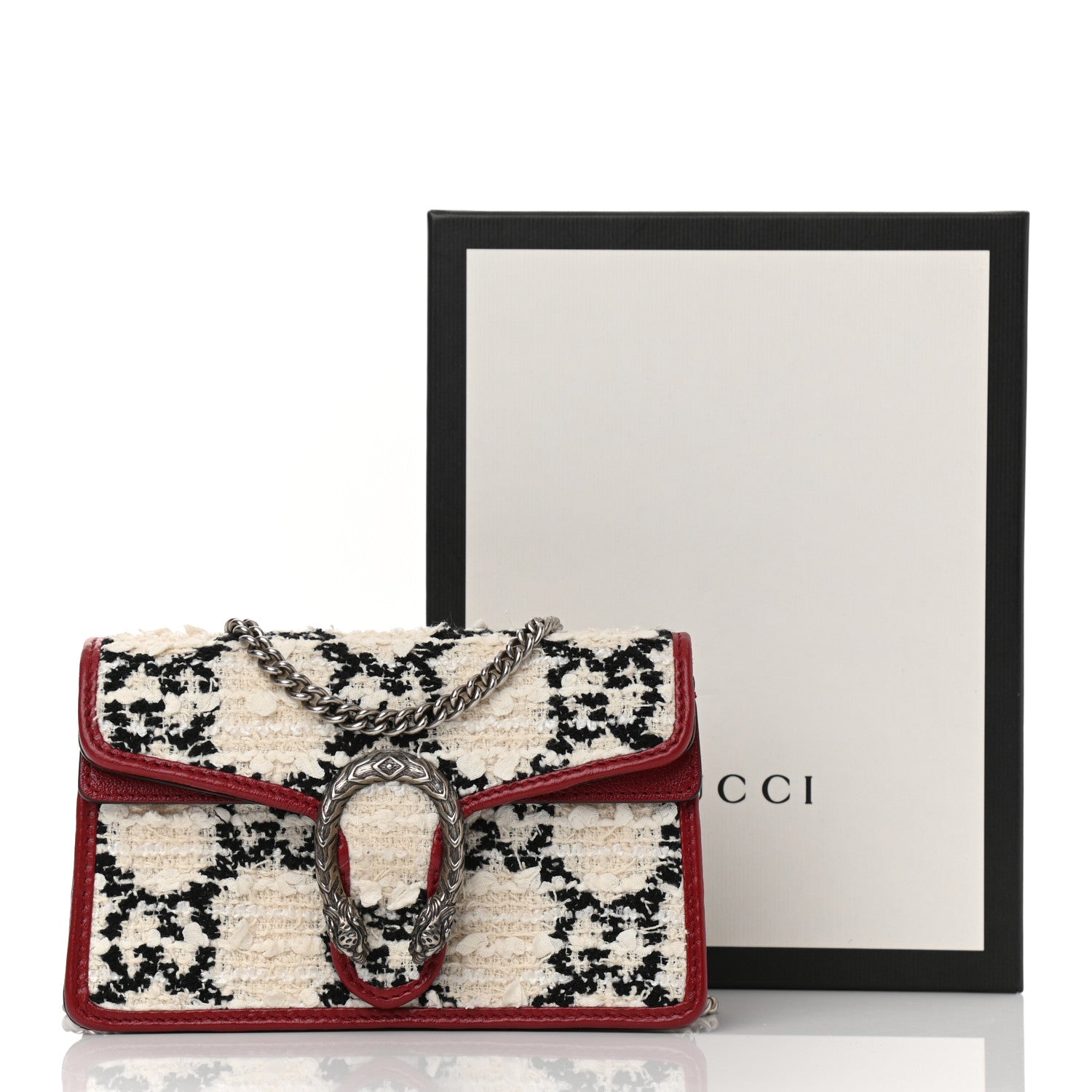 Gucci Tweed GG Monogram Super Mini Dionysus Shoulder Bag White Black Romantic Cherry 8 of 8