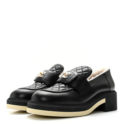 Chanel Lambskin Shearling Quilted CC Turnlock Loafers 38 Black 3 of 10