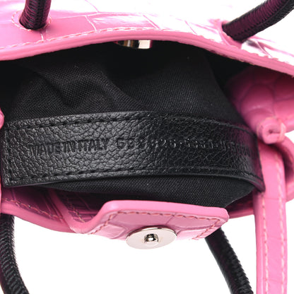 Balenciaga Shiny Calfskin Crocodile Embossed Logo Shopping Phone Holder Bag Rose Black 8 of 11