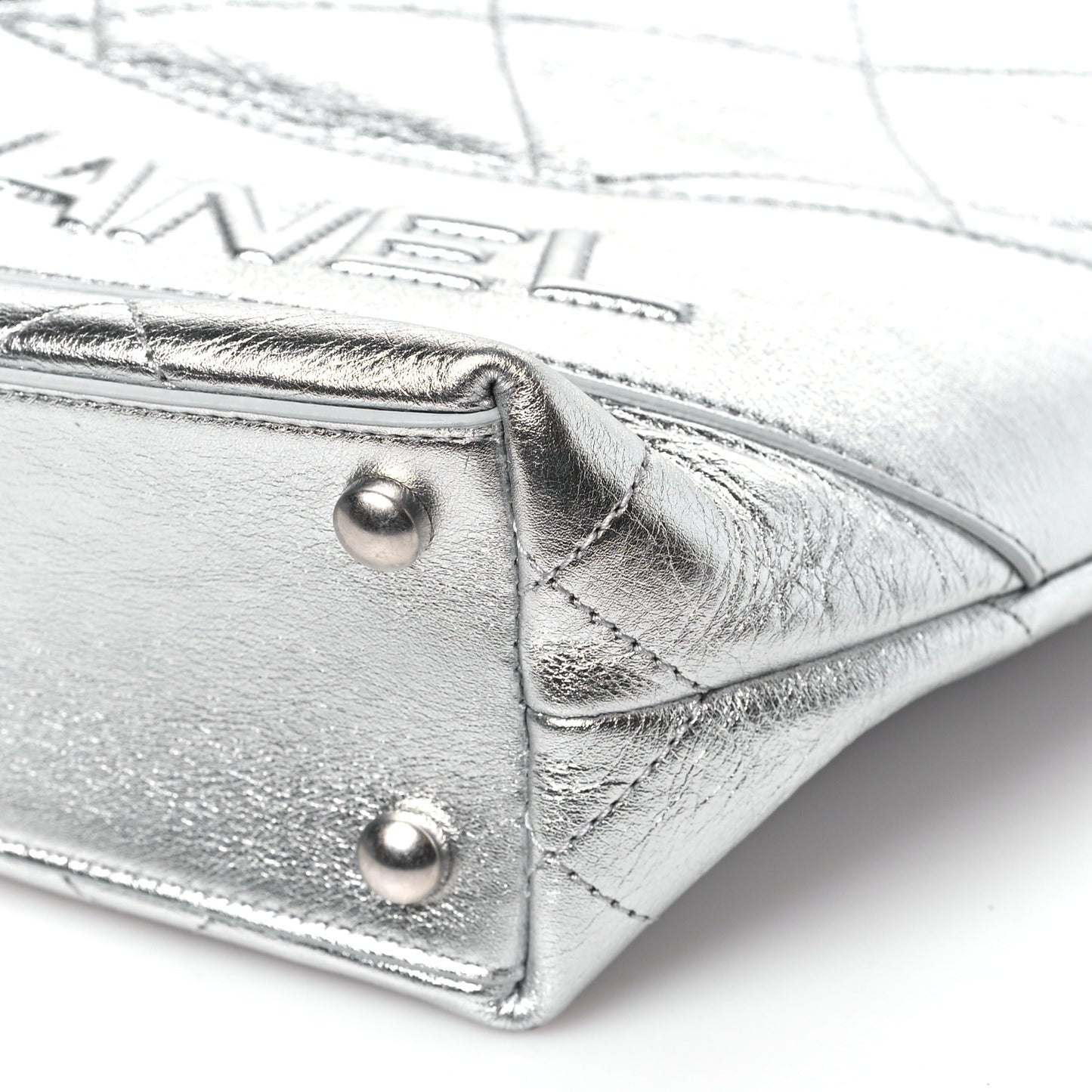 Metallic Calfskin Stitched CC Shopper Tote Silvery