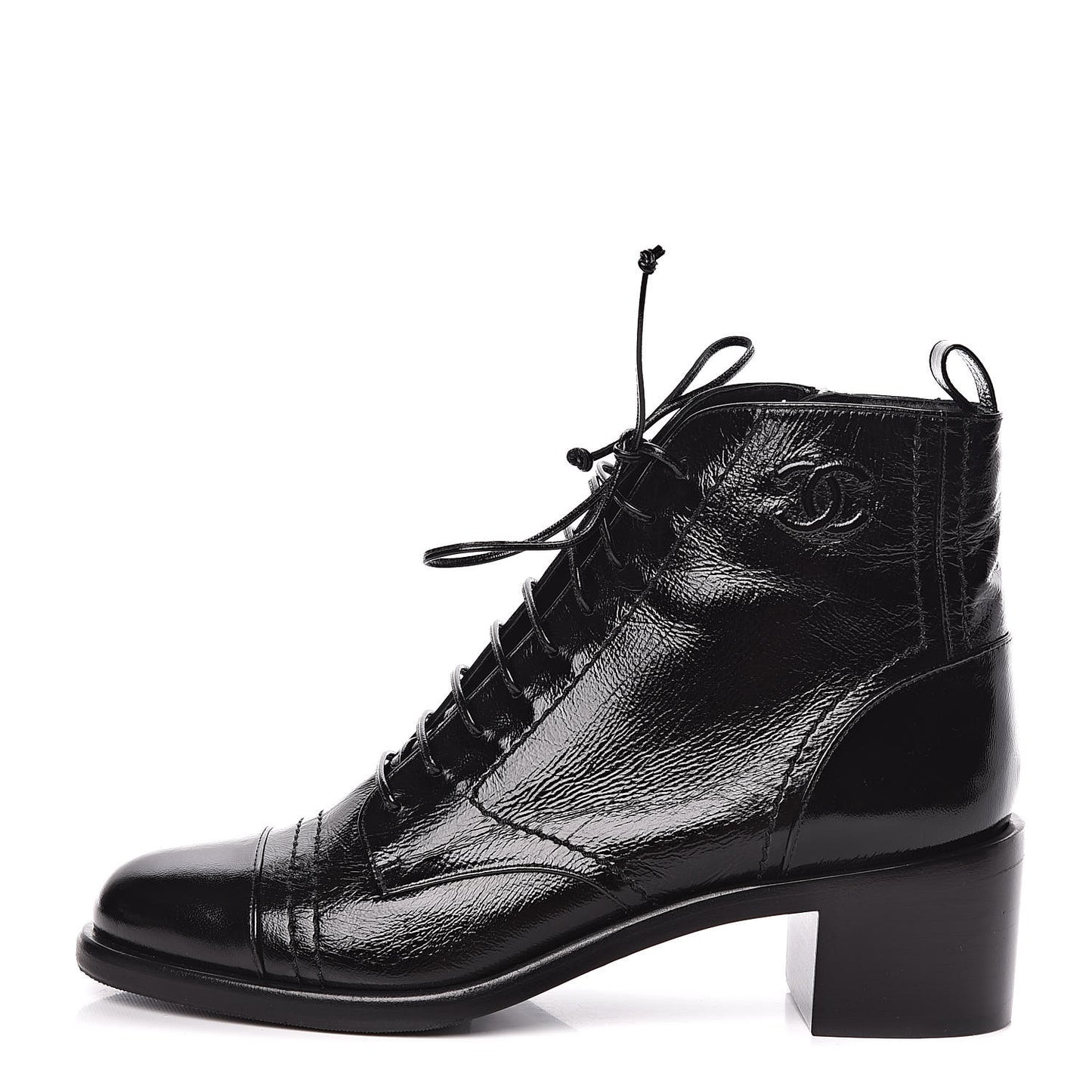 Shiny Lambskin Lace Up Combat Short Boots 39.5 Black