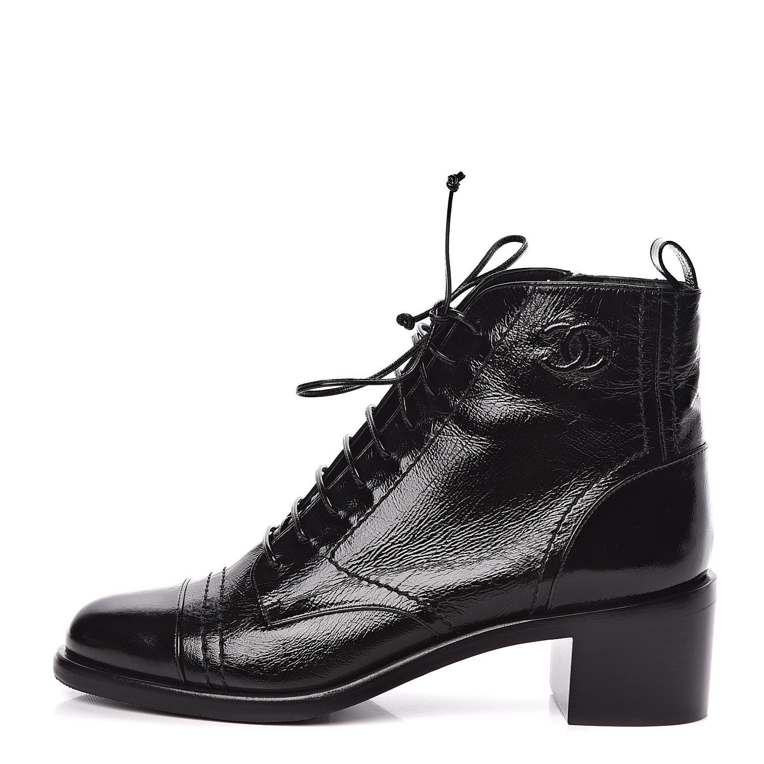 Chanel Shiny Lambskin Lace Up Combat Short Boots 39.5 Black 1 of 9