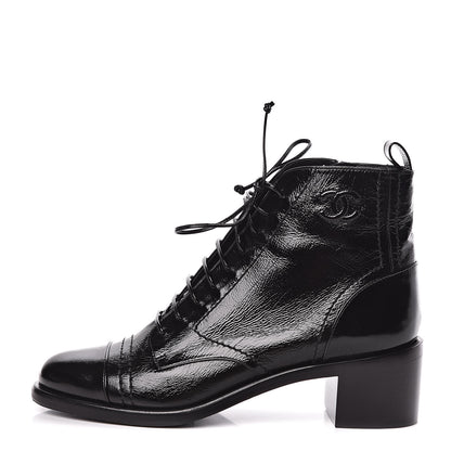 Chanel Shiny Lambskin Lace Up Combat Short Boots 39.5 Black 1 of 9