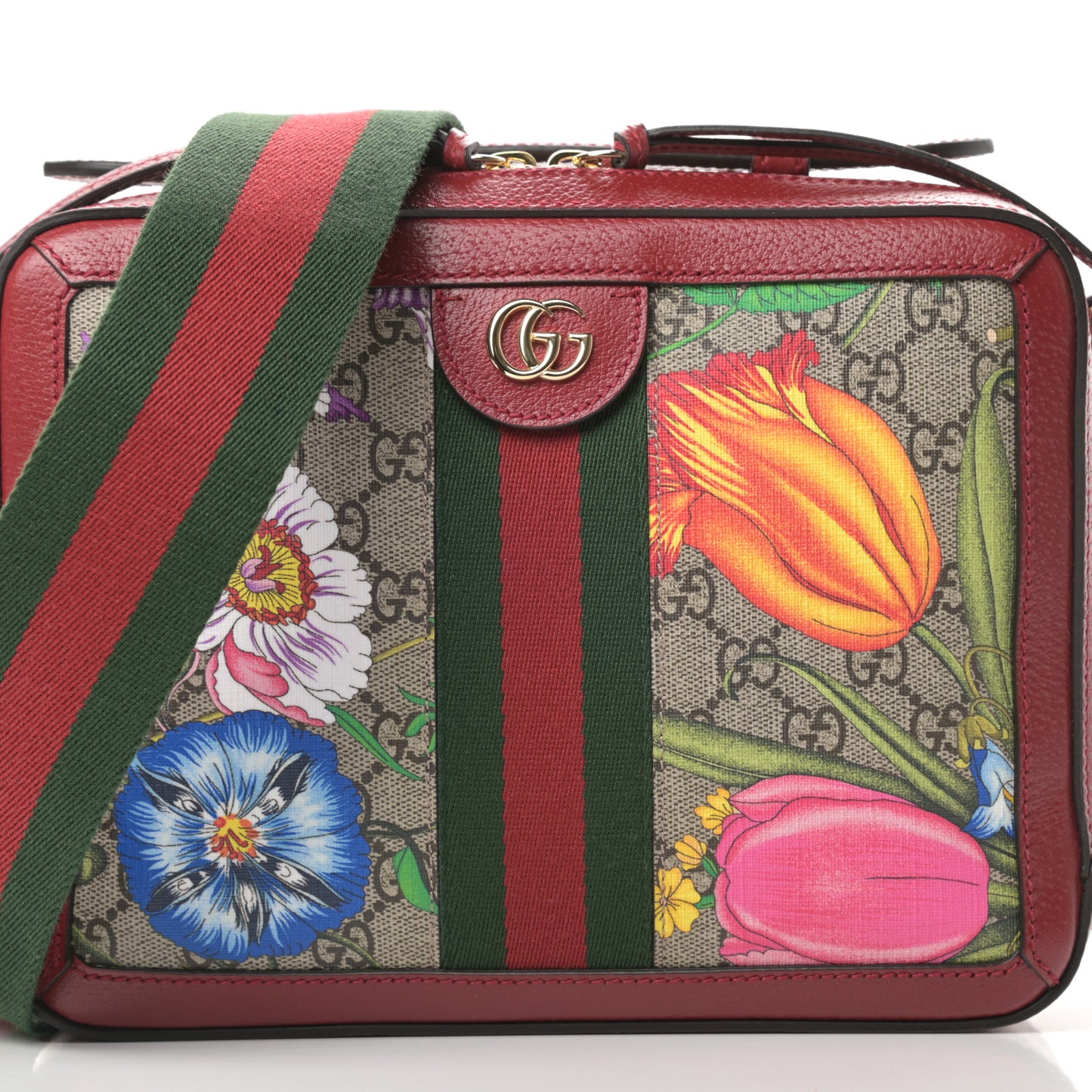 GG Supreme Monogram Flora Web Small Ophidia Top Handle Shoulder Bag Hibiscus Red