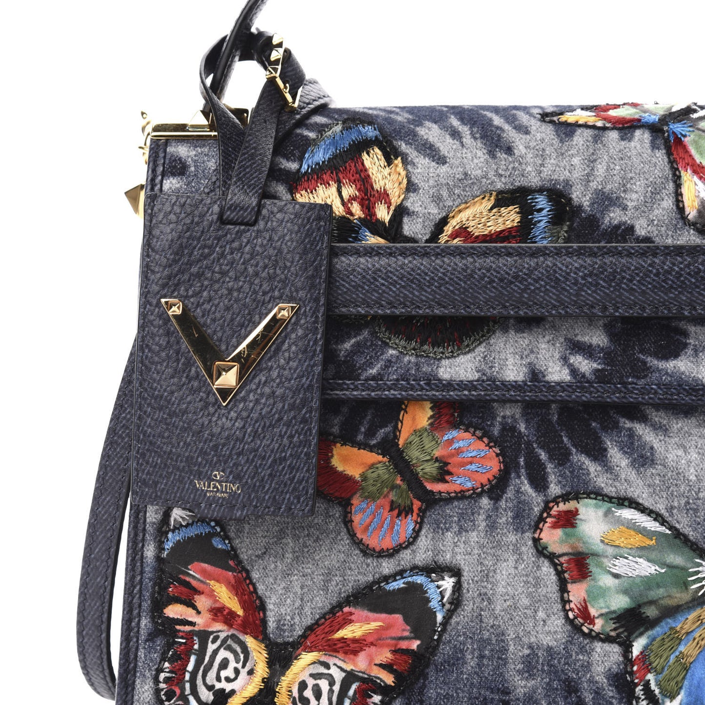 Denim Butterfly Embroidered Small My Rockstud Frame Bag Blue