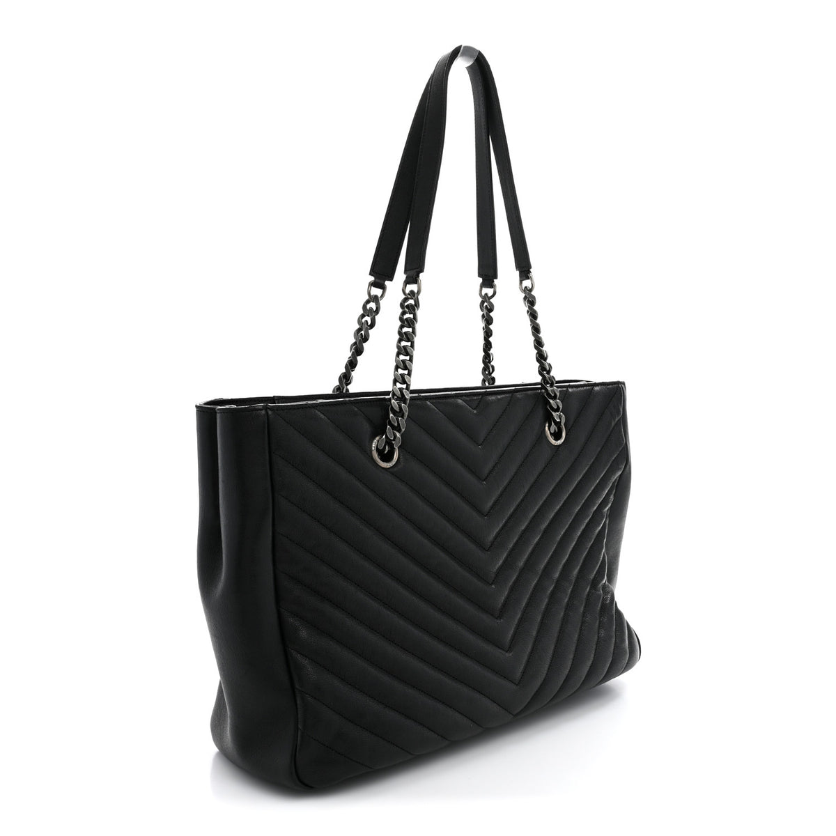 Sheepskin Matelasse Chevron Large Monogram Shopping Bag Black