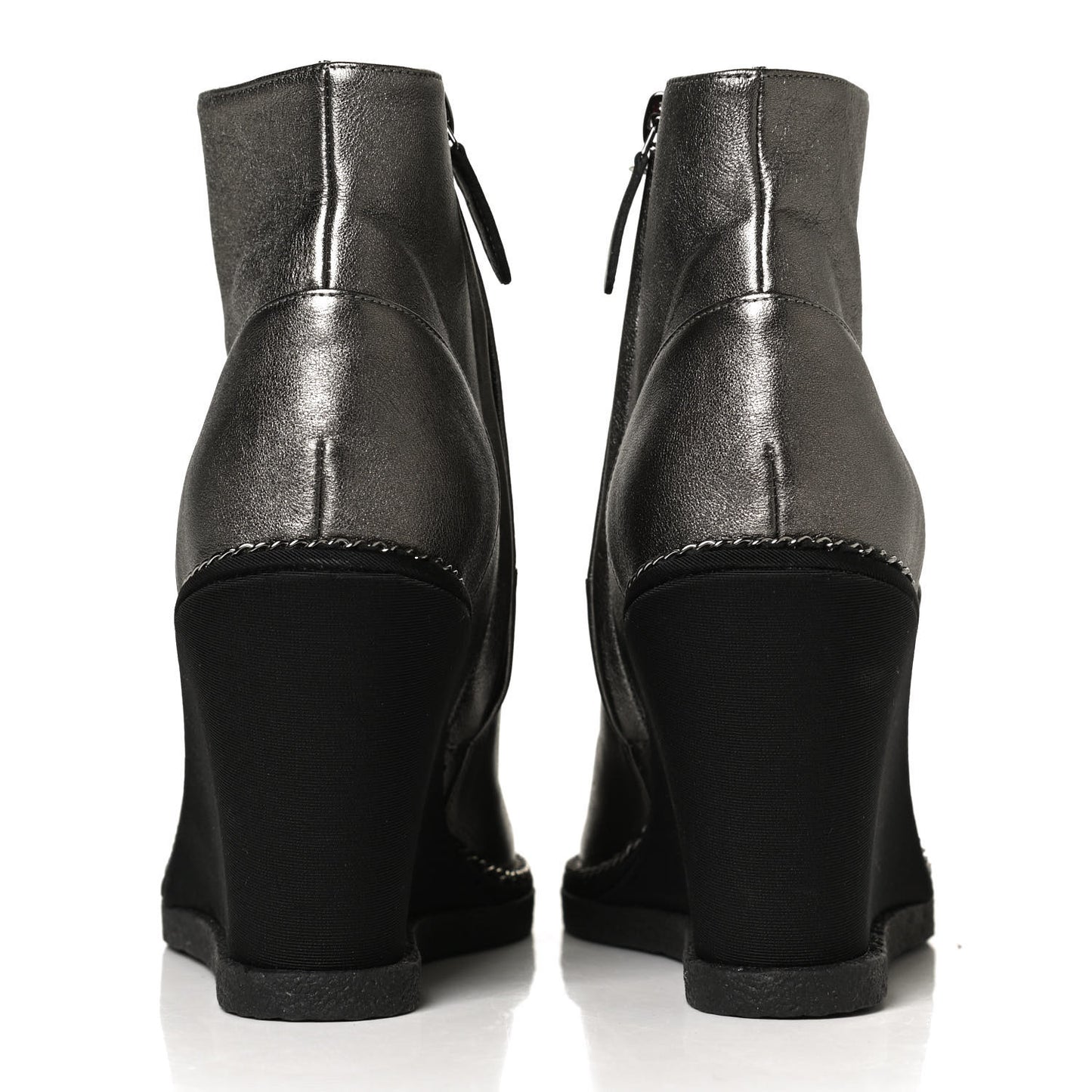 Metallic Lambskin Grosgrain Cap Toe Wedge Boots 37 Silver Black