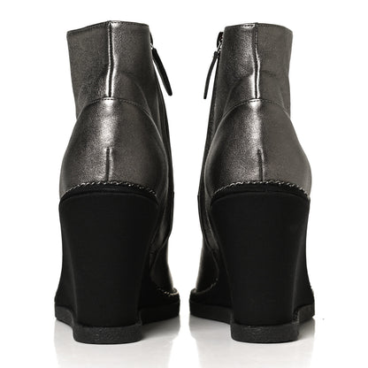 Chanel Metallic Lambskin Grosgrain Cap Toe Wedge Boots 37 Silver Black 6 of 9